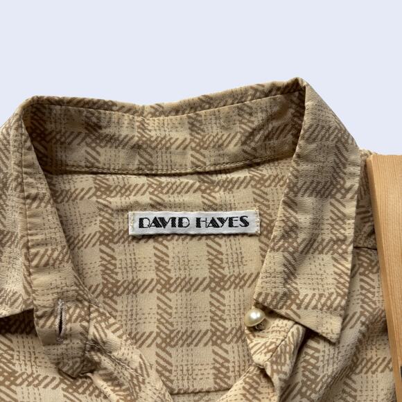 DAVID HAYES Beige Check Button Front Blouse Collared Long Sleeve 80s 90s Sz S - Picture 3 of 5